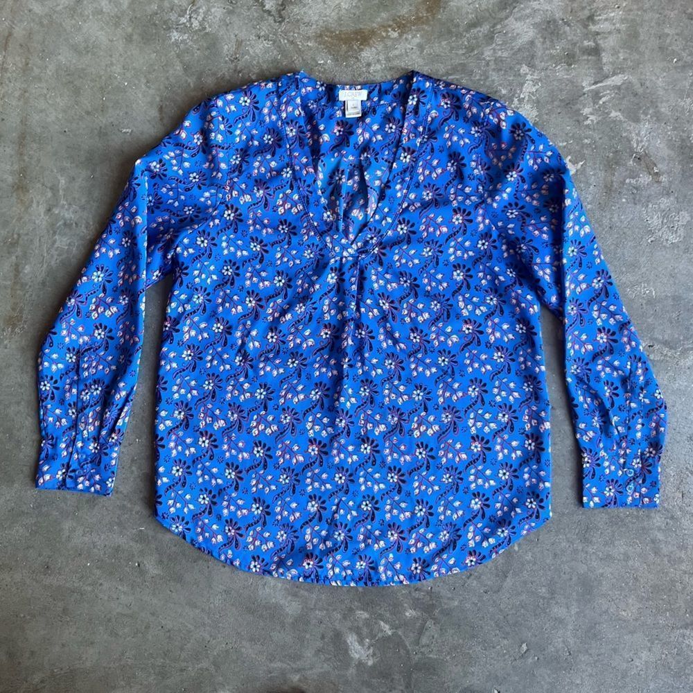 JCrew Floral Print Blue Blouse Size Small Petite